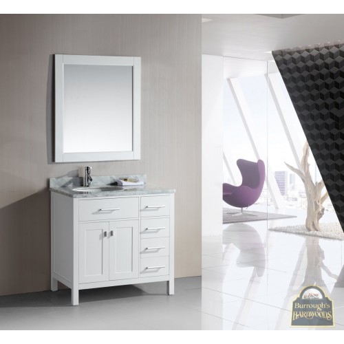 London 36" Single Sink Vanity Set in White Finish with Drawers on the Right