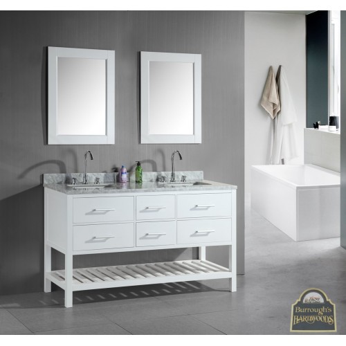 London 61" Double Sink Vanity Set in White with Open Bottom