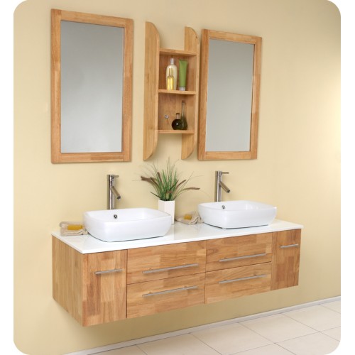Fresca Bellezza Natural Wood Modern Double Vessel Sink Bathroom Vanity