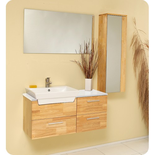 Fresca Caro Natural Wood Modern Bathroom Vanity w/ Mirrored Side Cabinet