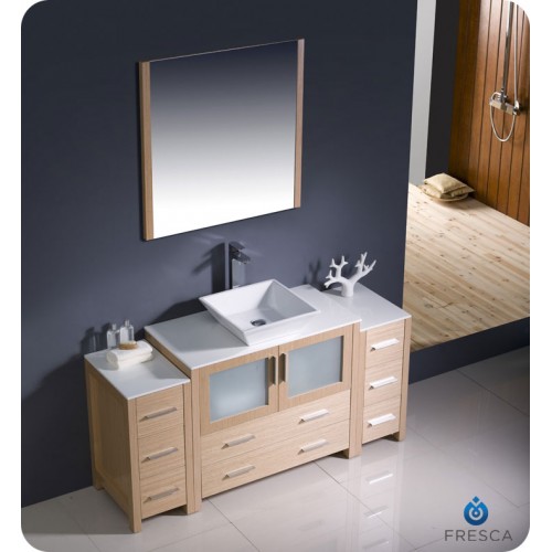 Fresca Torino 60" Light Oak Modern Bathroom Vanity w/ 2 Side Cabinets & Vessel Sink