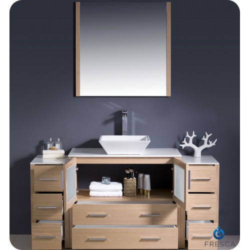 Fresca Torino 60" Light Oak Modern Bathroom Vanity w/ 2 Side Cabinets & Vessel Sink