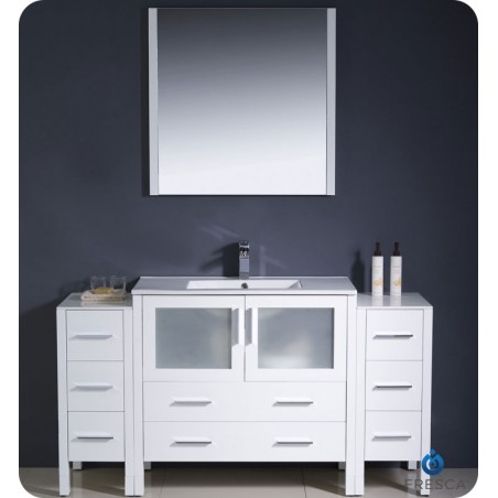 Fresca Torino 60" White Modern Bathroom Vanity w/ 2 Side Cabinets & Integrated Sink