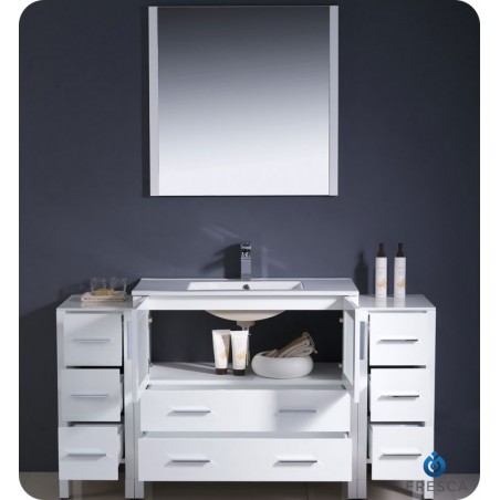 Fresca Torino 60" White Modern Bathroom Vanity w/ 2 Side Cabinets & Integrated Sink