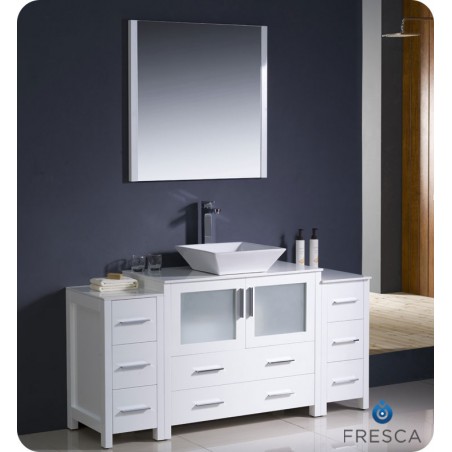 Fresca Torino 60" White Modern Bathroom Vanity w/ 2 Side Cabinets & Vessel Sink