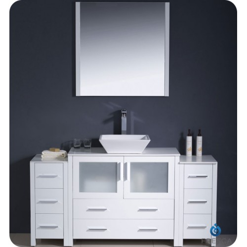 Fresca Torino 60" White Modern Bathroom Vanity w/ 2 Side Cabinets & Vessel Sink