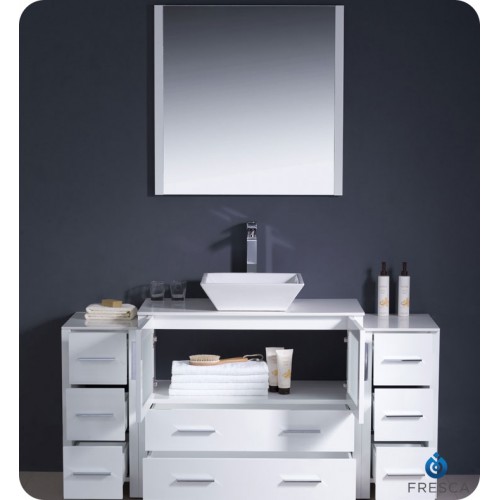 Fresca Torino 60" White Modern Bathroom Vanity w/ 2 Side Cabinets & Vessel Sink