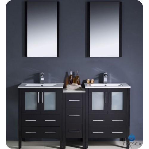 Fresca Torino 60" Espresso Modern Double Sink Bathroom Vanity w/ Side Cabinet & Integrated Sinks