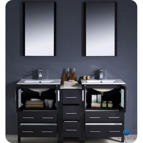 Fresca Torino 60" Espresso Modern Double Sink Bathroom Vanity w/ Side Cabinet & Integrated Sinks