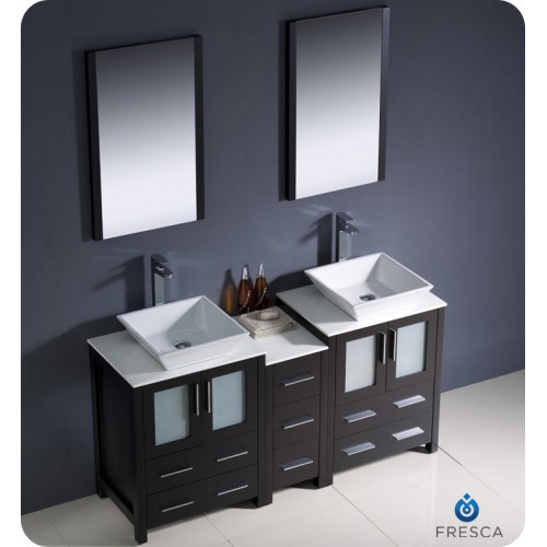 Fresca Torino 60" Espresso Modern Double Sink Bathroom Vanity w/ Side Cabinet & Vessel Sinks