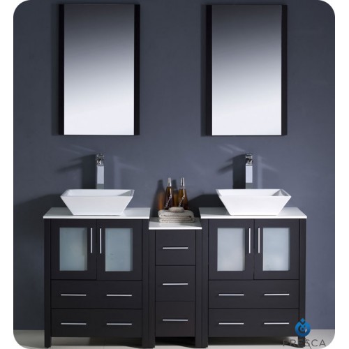 Fresca Torino 60" Espresso Modern Double Sink Bathroom Vanity w/ Side Cabinet & Vessel Sinks