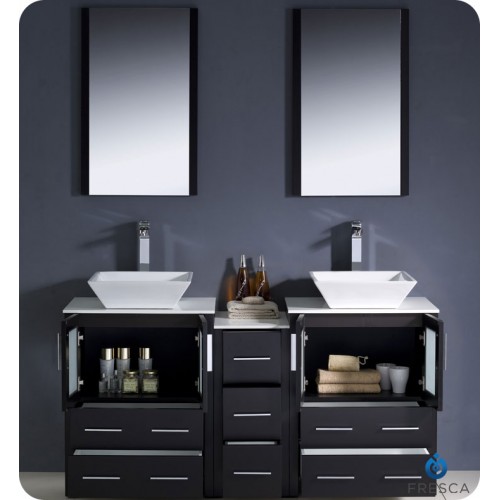 Fresca Torino 60" Espresso Modern Double Sink Bathroom Vanity w/ Side Cabinet & Vessel Sinks