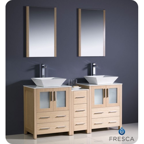 Fresca Torino 60" Light Oak Modern Double Sink Bathroom Vanity w/ Side Cabinet & Vessel Sinks