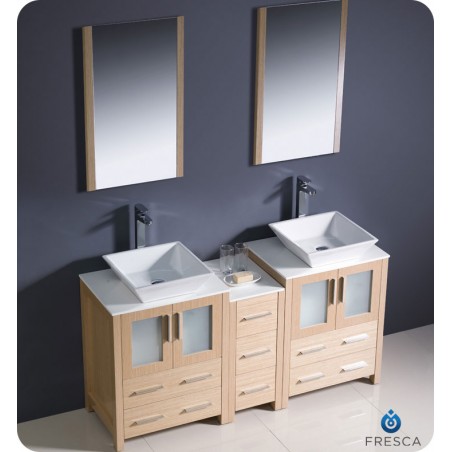 Fresca Torino 60" Light Oak Modern Double Sink Bathroom Vanity w/ Side Cabinet & Vessel Sinks