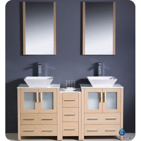 Fresca Torino 60" Light Oak Modern Double Sink Bathroom Vanity w/ Side Cabinet & Vessel Sinks