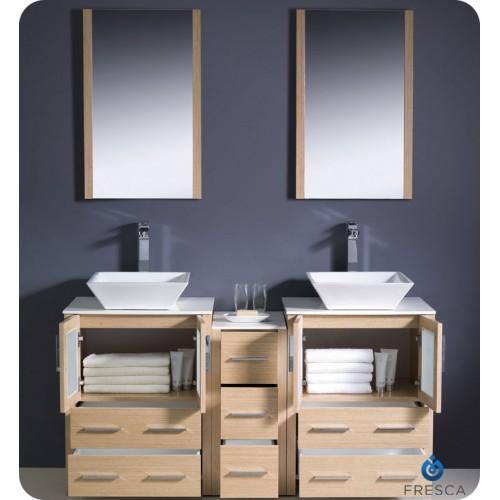 Fresca Torino 60" Light Oak Modern Double Sink Bathroom Vanity w/ Side Cabinet & Vessel Sinks