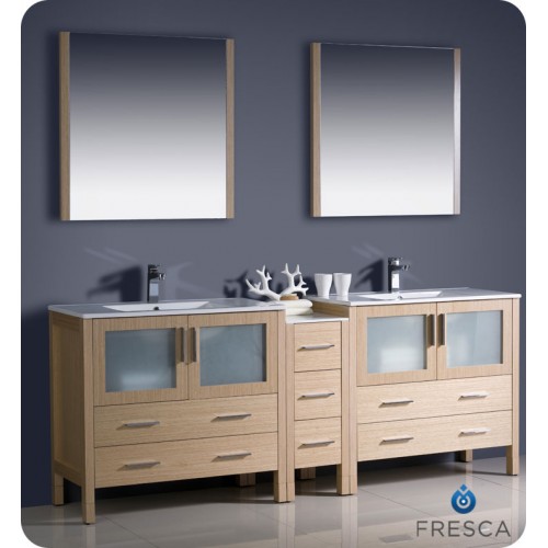 Fresca Torino 84" Light Oak Modern Double Sink Bathroom Vanity w/ Side Cabinet & Integrated Sinks