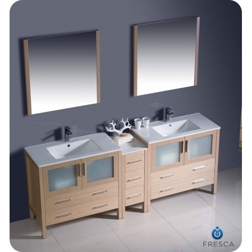 Fresca Torino 84" Light Oak Modern Double Sink Bathroom Vanity w/ Side Cabinet & Integrated Sinks