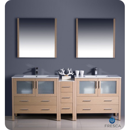 Fresca Torino 84" Light Oak Modern Double Sink Bathroom Vanity w/ Side Cabinet & Integrated Sinks