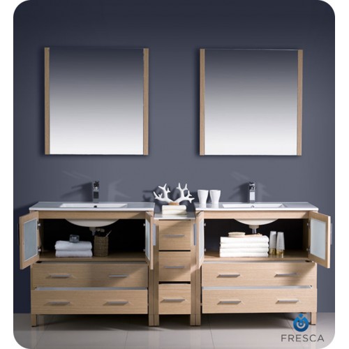 Fresca Torino 84" Light Oak Modern Double Sink Bathroom Vanity w/ Side Cabinet & Integrated Sinks