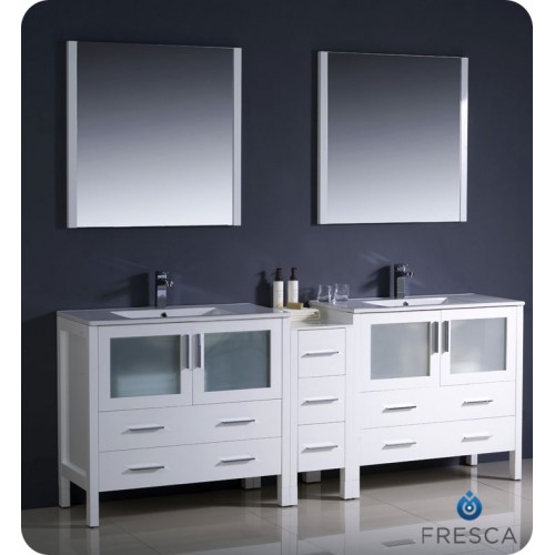 Fresca Torino 84" White Modern Double Sink Bathroom Vanity w/ Side Cabinet & Integrated Sinks