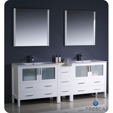 Fresca Torino 84" White Modern Double Sink Bathroom Vanity w/ Side Cabinet & Integrated Sinks