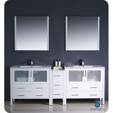 Fresca Torino 84" White Modern Double Sink Bathroom Vanity w/ Side Cabinet & Integrated Sinks