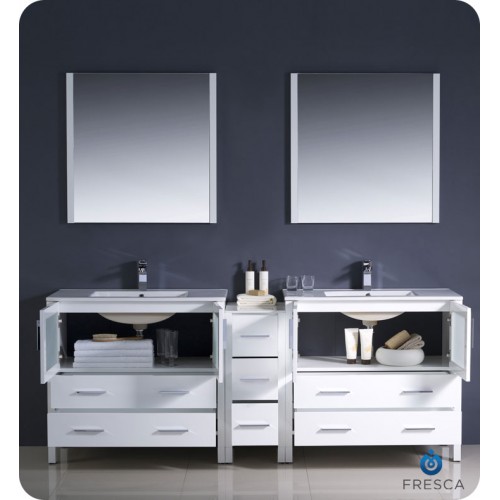 Fresca Torino 84" White Modern Double Sink Bathroom Vanity w/ Side Cabinet & Integrated Sinks