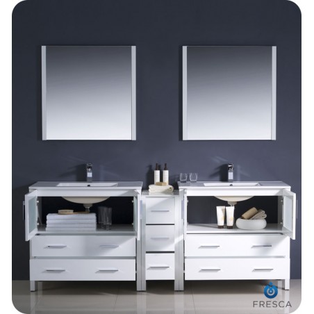 Fresca Torino 84" White Modern Double Sink Bathroom Vanity w/ Side Cabinet & Integrated Sinks