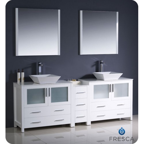 Fresca Torino 84" White Modern Double Sink Bathroom Vanity w/ Side Cabinet & Vessel Sinks