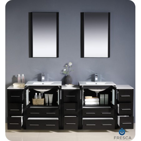 Fresca Torino 84" Espresso Modern Double Sink Bathroom Vanity w/ 3 Side Cabinets & Integrated Sinks