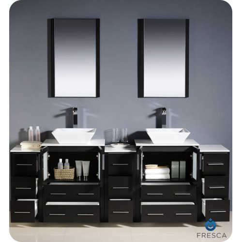 Fresca Torino 84" Espresso Modern Double Sink Bathroom Vanity w/ 3 Side Cabinets & Vessel Sinks