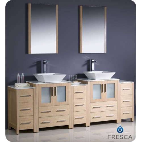 Fresca Torino 84" Light Oak Modern Double Sink Bathroom Vanity w/ 3 Side Cabinets & Vessel Sinks