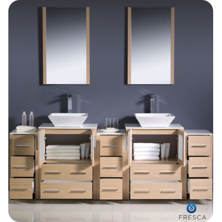 Fresca Torino 84" Light Oak Modern Double Sink Bathroom Vanity w/ 3 Side Cabinets & Vessel Sinks