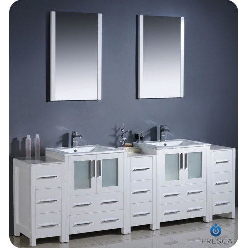 Fresca Torino 84" White Modern Double Sink Bathroom Vanity w/ 3 Side Cabinets & Integrated Sinks