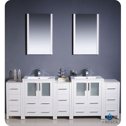 Fresca Torino 84" White Modern Double Sink Bathroom Vanity w/ 3 Side Cabinets & Integrated Sinks