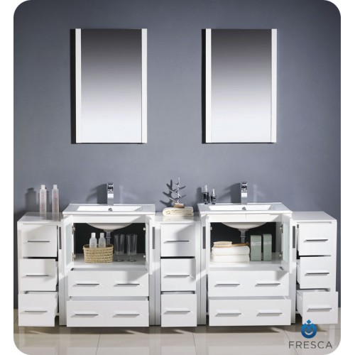 Fresca Torino 84" White Modern Double Sink Bathroom Vanity w/ 3 Side Cabinets & Integrated Sinks