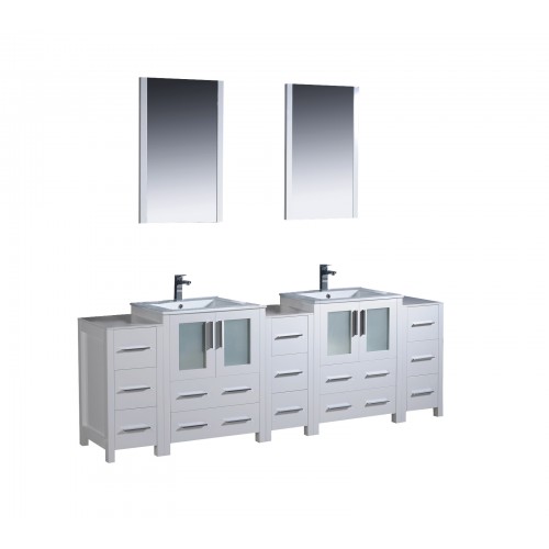 Fresca Torino 84" White Modern Double Sink Bathroom Vanity w/ 3 Side Cabinets & Integrated Sinks