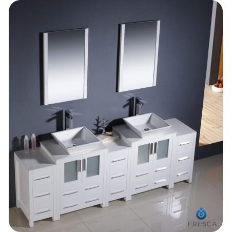Fresca Torino 84" White Modern Double Sink Bathroom Vanity w/ 3 Side Cabinets & Vessel Sinks