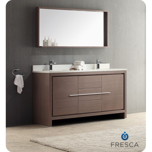 Fresca Allier 60" Gray Oak Modern Double Sink Bathroom Vanity w/ Mirror