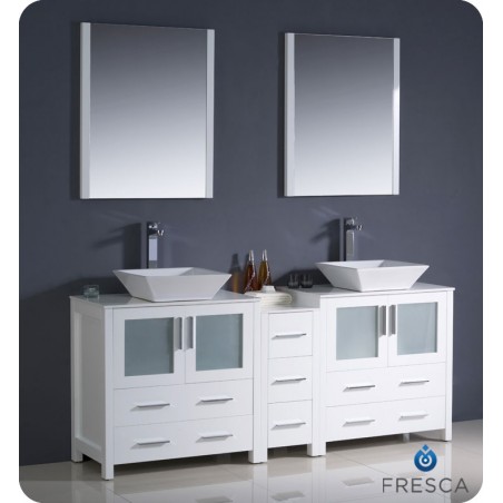 Fresca Torino 72" White Modern Double Sink Bathroom Vanity w/ Side Cabinet & Vessel Sinks