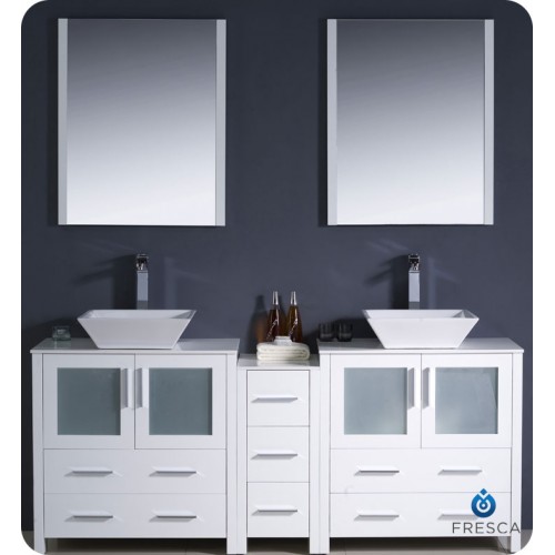 Fresca Torino 72" White Modern Double Sink Bathroom Vanity w/ Side Cabinet & Vessel Sinks