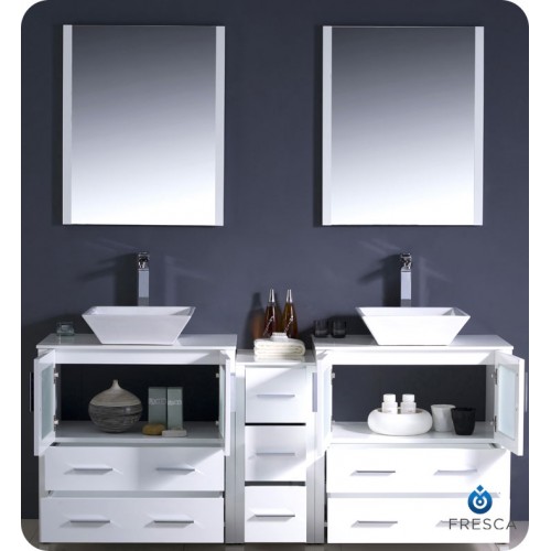 Fresca Torino 72" White Modern Double Sink Bathroom Vanity w/ Side Cabinet & Vessel Sinks