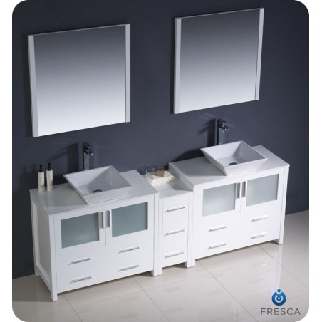 Fresca Torino 84" White Modern Double Sink Bathroom Vanity w/ Side Cabinet & Vessel Sinks