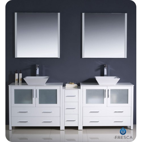 Fresca Torino 84" White Modern Double Sink Bathroom Vanity w/ Side Cabinet & Vessel Sinks