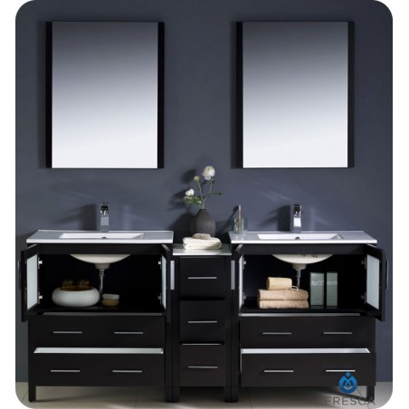 Fresca Torino 72" Espresso Modern Double Sink Bathroom Vanity w/ Side Cabinet & Integrated Sinks