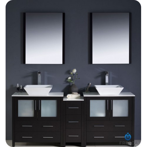 Fresca Torino 72" Espresso Modern Double Sink Bathroom Vanity w/ Side Cabinet & Vessel Sinks