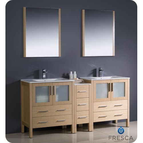 Fresca Torino 72" Light Oak Modern Double Sink Bathroom Vanity w/ Side Cabinet & Integrated Sinks