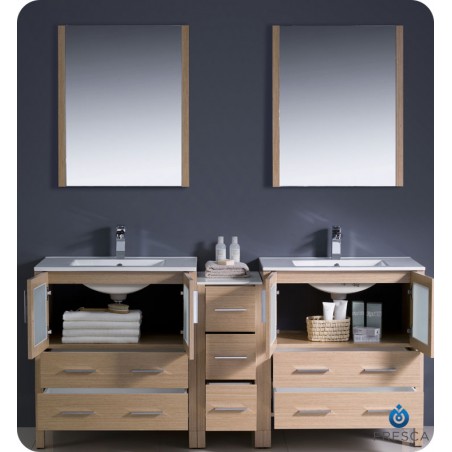 Fresca Torino 72" Light Oak Modern Double Sink Bathroom Vanity w/ Side Cabinet & Integrated Sinks