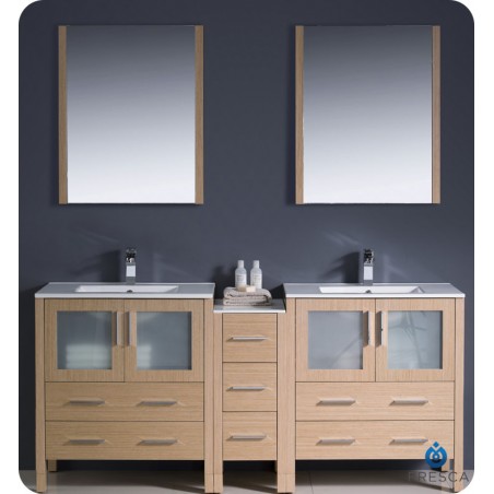 Fresca Torino 72" Light Oak Modern Double Sink Bathroom Vanity w/ Side Cabinet & Integrated Sinks